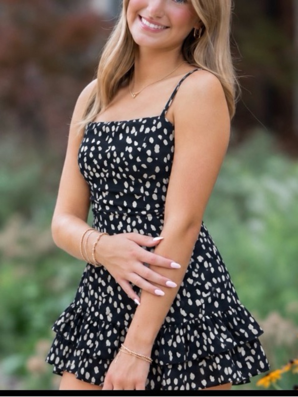 Oh Polly Black Mini Dress with Cream Spot Print. Size 4